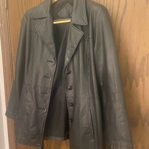 Black leather coat. Mid length.